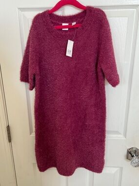 GAP Fuzzy Eyelash Short-Sleeve Sweater Dress in Berry
